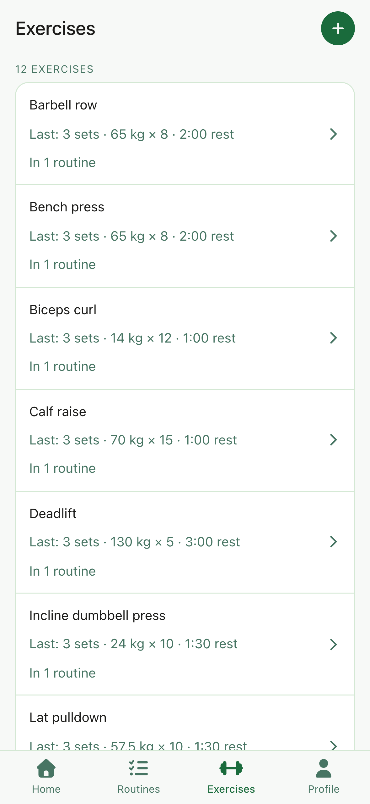 The exercises screen, listing each exercise with its last session, such as deadlift: 3 sets of 130 kilograms for 5 reps with 3 minutes' rest.