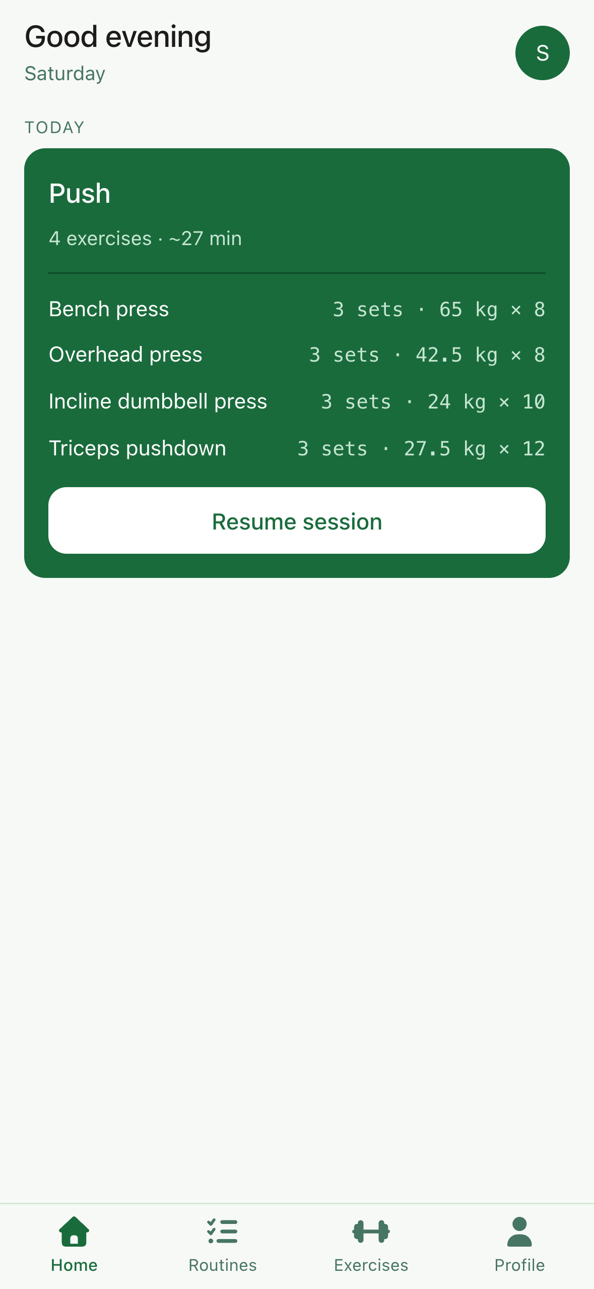 The routine.fit home screen, showing today's Push routine: bench press, overhead press, incline dumbbell press and triceps pushdown, each with its sets, weight and reps, and a Resume session button.