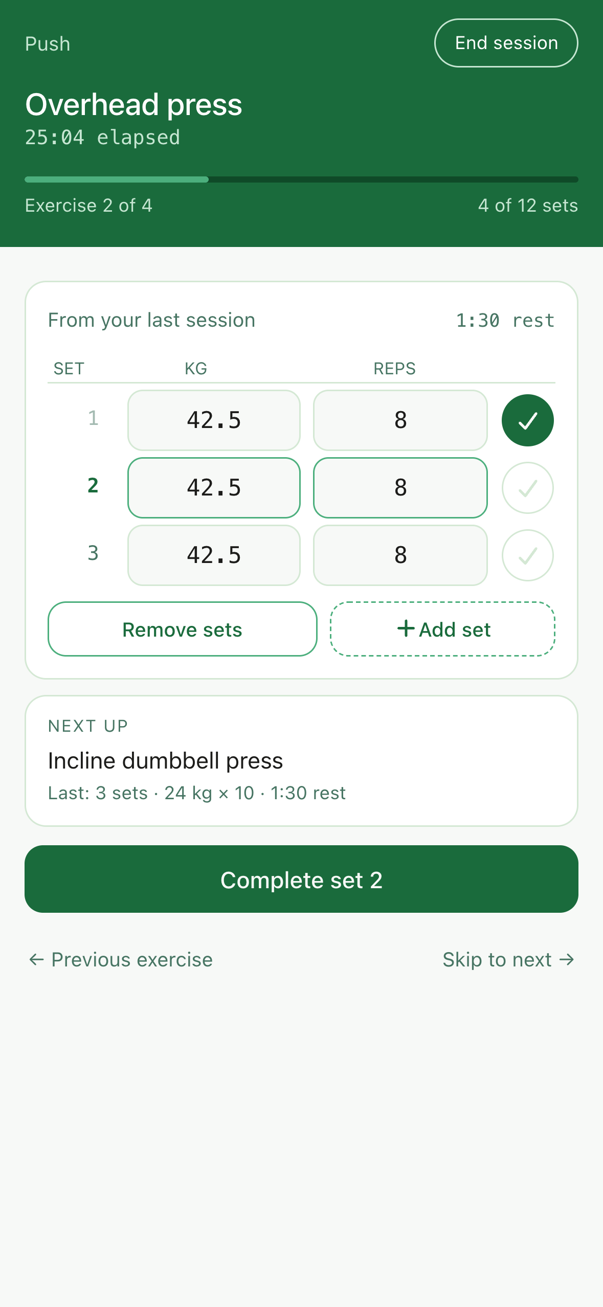 A workout in progress: overhead press, exercise 2 of 4, with its first set of 42.5 kilograms for 8 reps ticked and two sets to go.